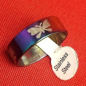 Stainless Steel Butterfly Engraved Ring Size 21 Metallic Iridescent Finish Unise
